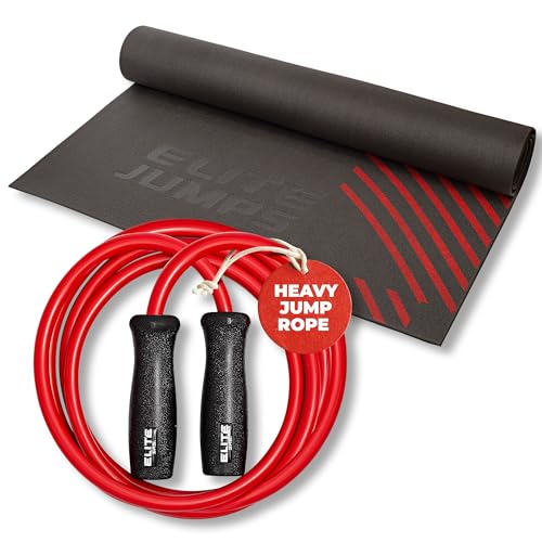 Elite Jumps Muay Thai + Mat Bundle | 1.2lb Weighted Jump Rope + Non-Slip Jump Rope Mat | Heavy Rope Training Set for Muay ...