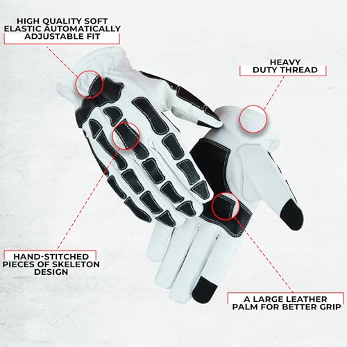 Daniel Smart Glow Bone Leather Work Gloves for Men & Women – Breathable Skeleton Motorcycle Riding Gloves, Touchscreen Bik...