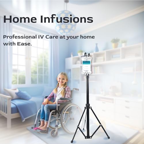 TidyFriend Steel Tripod IV Pole, Portable IV Pole Stand, Adjustable 30–75 in Height, Collapsible Stand with 2 Hooks & 3 Le...