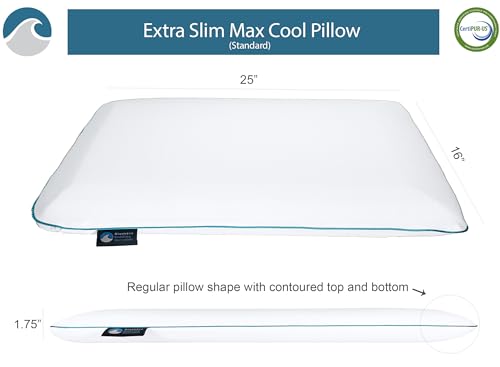Bluewave Bedding Extra Slim Max Cool CarbonBlue Gel Memory Foam Pillow for Stomach and Back Sleepers - Thin, Flat Design w...