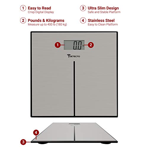Detecto D133 Deluxe Modern Stainless Steel Body Weight Bathroom Scale, Digital LCD Display, 400lb Capacity