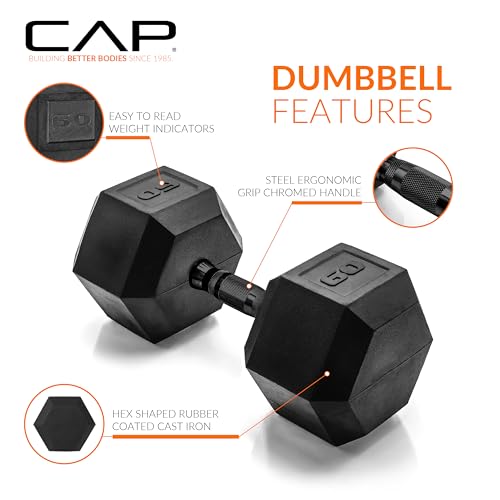 CAP Barbell 60 LB Rubber Coated Hex Dumbbell Hand Weight - Pair | Black Handle