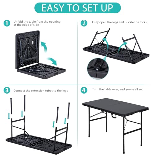 ZENY 4ft Portable Folding Table Plastic Indoor Outdoor Picnic Party Camp Dining Table with Handle, Black