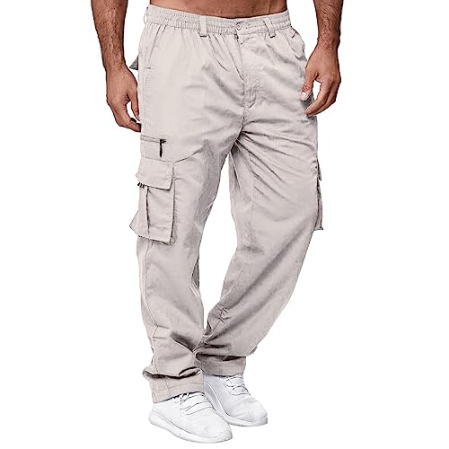 Cargo Pants for Men Outdoor Hiking Button Elastic Waisted Casual Pants Loose Baggy Straight Leg Breathable Athletic Trousers