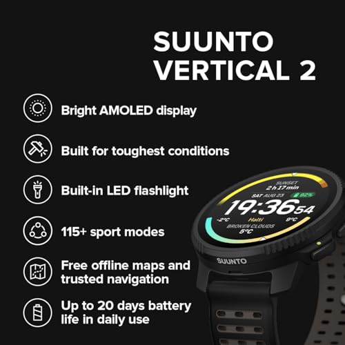 SUUNTO Vertical 2 GPS Sport Watch, Bright 1.5” AMOLED Touchscreen, LED Flashlight, 20-Day Battery Life, Offline Maps, Trai...