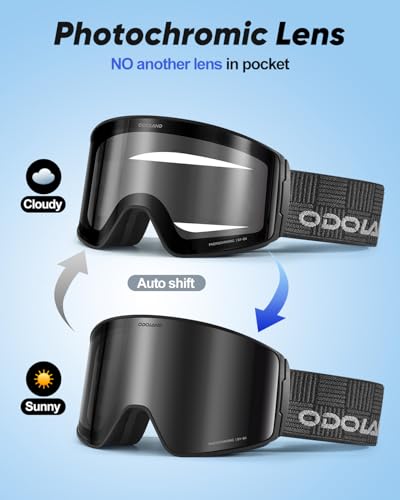 Odoland Photochromic Ski Goggles for Men Women Adult, Snow Snowboard Goggles with Pattern Strap for All Day Skiing Sports