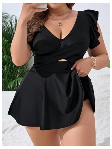 OYOANGLE Women's Plus Size Swimsuit Cover Up Cap Sleeve V Neck Ruffle Swim Dress Coverups