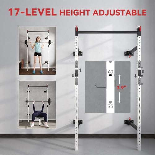 Soozier Folding Squat Rack with Adjustable Pull-Up Bar, 1000 Pounds Capacity Wall Mounted Power Rack, Adjustable Barbell R...