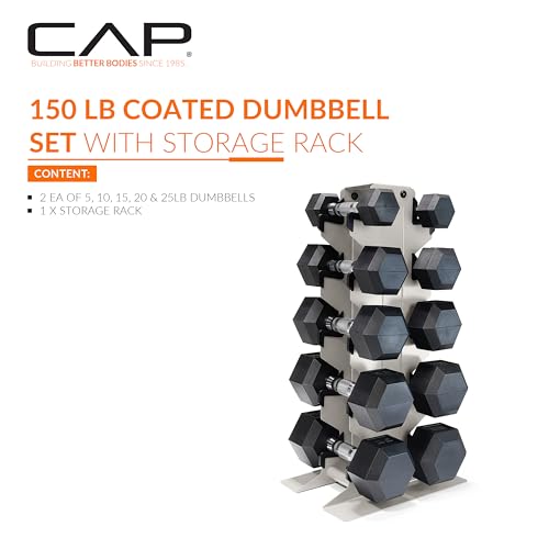 CAP Barbell Rubber Coated Hex Dumbbell Set with Vertical Rack | 100-300 lbs Free Weights Dumbbells Set for Home Gym | Mult...