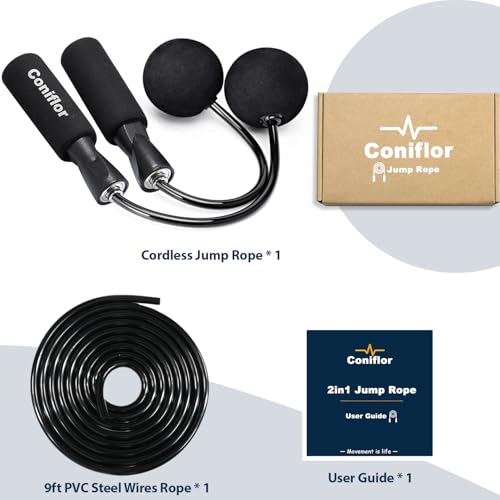 Coniflor 2 in 1 Jump Rope for Women Men and Kids - Tangle-Free Cordless Skipping Jump Rope with Ball Bearings and Foam Han...