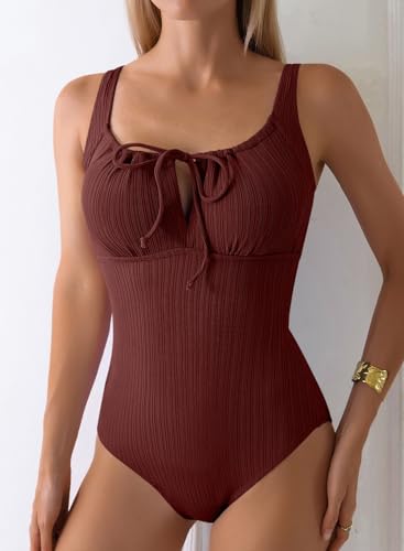Aleumdr Womens Textured One Piece Swimsuit Tummy Control Bathing Suit with Bow Tie Knot Cutout Ruching Swimwear