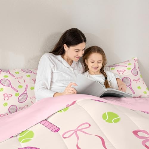 Tennis Kids Queen Comforter Sets,Girls Sport Cute Bowknot Reversible Bedding Set for Boys Teens,Outdoor Sport Ball Game Qu...