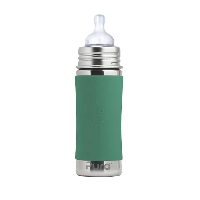Pura Kiki 9oz/275ml Stainless Steel Infant Bottle w/Sleeve, Anti-Colic, Medical-Grade Silicone, Medium-Flow Nipple, for Babies 3 Months & Up - Mint