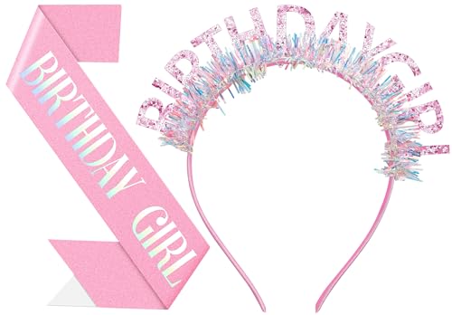 Papoopy Birthday Headband with Sash for Women, Birthday Crwon Tiara for Decorations
