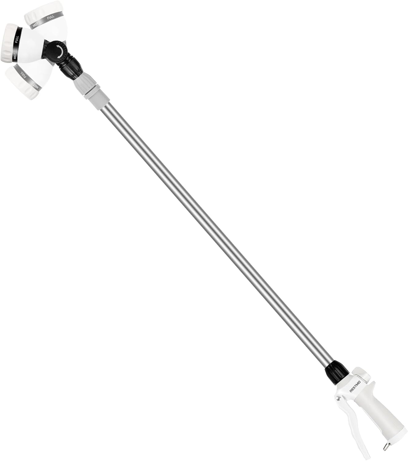 RESTMO 36”-60” Metal Watering Wand, Long Telescopic Tube | 180° Adjustable Ratcheting Head | 7 Spray Patterns | Flow Control, Garden Hose Sprayer to Water Hanging Baskets, Shrubs, White