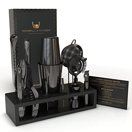 Highball & Chaser 13-Piece Gunmetal Black Stainless Steel Boston Cocktail Shaker Bar Tool Set with Mixology Bartender Kit ...