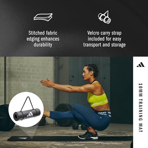 adidas 10mm Extra Thick Training Mat with Carrying Strap and Non-Slip Textured Base - Cushioned Workout Mat for Home Gym, ...