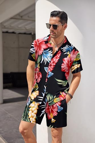 COOFANDY Men's Hawaiian Shirt and Short Set Flower 2-pieces Beach Outfit with Bucket Hats
