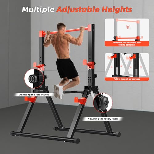 SogesHome Power Tower Dip Station Pull Up Bar for Home Gym, Adjustable & Foldable Multifunction Fitness Workout Station wi...