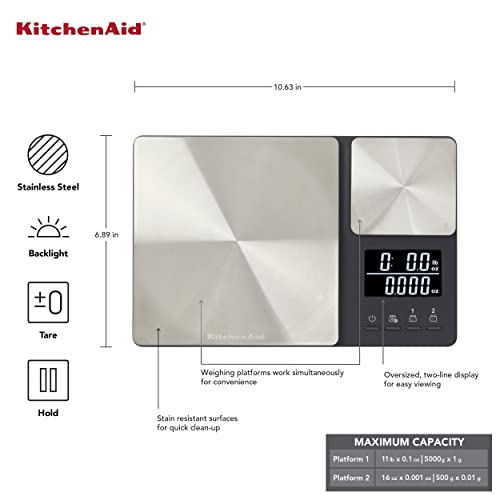 KitchenAid KQ909 Dual Platform Digital Kitchen and Food Scale, 11 pound capacity and Precision 16oz capacity, Black with S...
