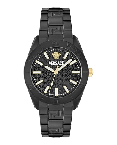 Versace V-Dome Aluminum Collection Luxury Mens Watch Timepieces with a Black Bracelet, Case and Dial