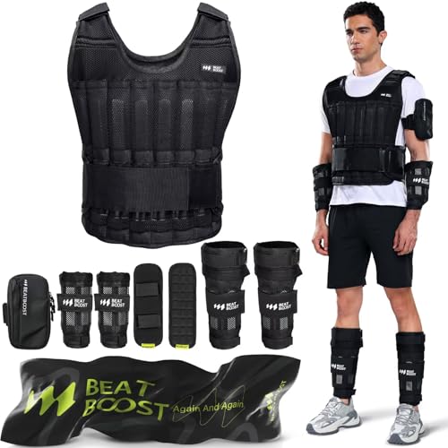BeatBoost Weighted Vest Men 20lb/30lb/40lb/50lb/60lb Adjustable Weight Vest with Steel Plates Weights for Walking Strength...