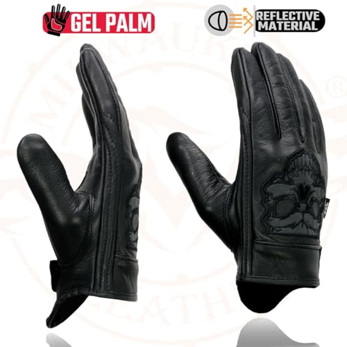 Milwaukee Leather Men's Black Leather ‘Reflective Skull’ Motorcycle Hand Gloves W/Gel Padded Palm MG7570