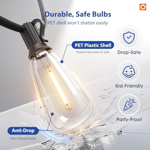 addlon 100FT LED Outdoor String Lights with Remote Waterproof Patio Lights with Shatterproof ST38 Replaceable Bulbs, Dimma...