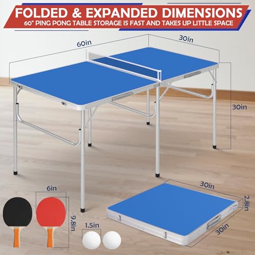REAHOISY Mid-Size Portable Ping Pong Table, Compact Foldable Table Tennis Table Set w/Net, 2 Paddles & 2 Balls for Indoor ...