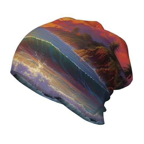 Tropical Sunset Print Beanie Hat Soft Thermal Cap Winter Headwear for Cold Indoor Outdoor Activities Black