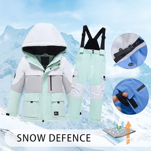 2 Piece Snowsuit for Teen Girls Boys Snowboard Set Snow 𝗕𝗶𝗯 Pants & Hooded Jacket Color Block Outfits Kids Winter Clothing