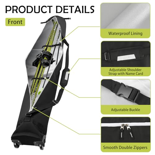 AzReference Padded Ski Bag with Wheels, Rolling Wheeled Ski Bag for Air Travel, Store & Transport Double Skis Up to 200 cm