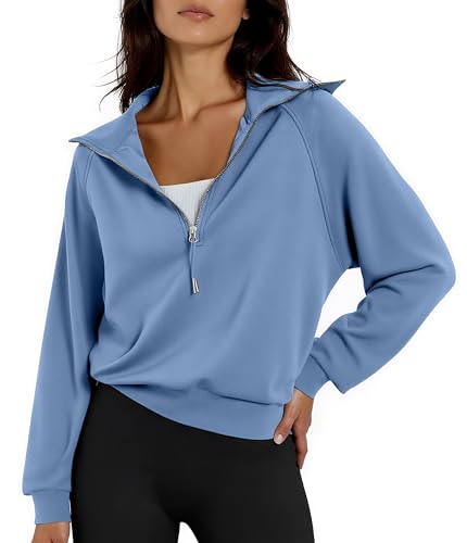 Women's Cropped Half Zip Pullover Quarter Zipper Long Sleeve Sweatshirt for Casual Wear