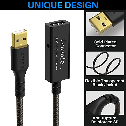 Active USB Extension Cable 100 Feet, USB 2.0 A Male to Female Repeater Cord, with 2 Extension Chipsets Signal Booster, 22A...