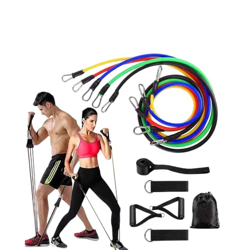 11-Piece Resistance Bands Set for Home Workout Equipment, Instructions Included, Green (30 Lbs) Black (40 Lbs), Red (50 Lb...