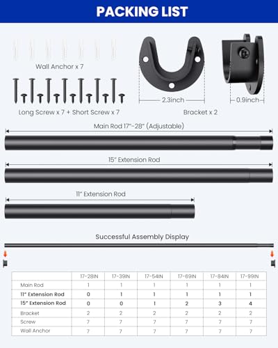 Supforce Closet Rods for Hanging Clothes, 17 to 84 Inches Stepless Adjustable Metal Closet Rod, 1.3 Inches Heavy Duty Clot...