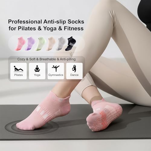 musesox 4 Pairs Non-Slip Pilates Socks for Women with grips,Grippy Ankle Socks for Yoga,Barre,Hospital,Gym,Dance