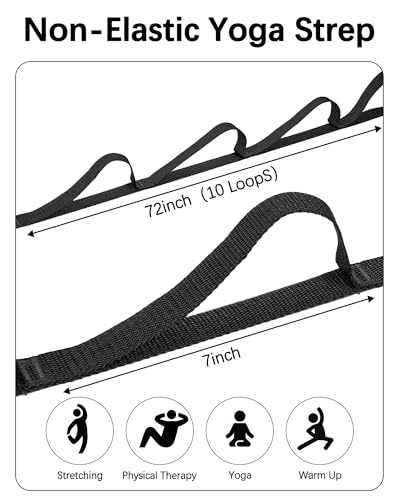 10 Loop Yoga Stretching Strap for Physical Therapy - Non-Elastic Exercise Band for Pilates, Yoga, Stretching for Women & Men