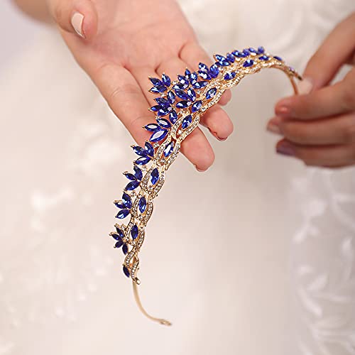JWICOS Rhinestones Navy Blue Crystal Leaves Tiara and Crown Bridal Headband Tiara Headdress for Wedding/Christmas/Photogra...