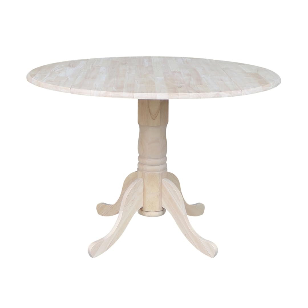IC International Concepts, Round Dual Drop Leaf Pedestal Dining Table, Solid Real Wood, Sturdy Parawood, Dimensions 42"D x 42"W x 29.5"H, 40lbs Capacity, Paint/Stain Ready, Unfinished