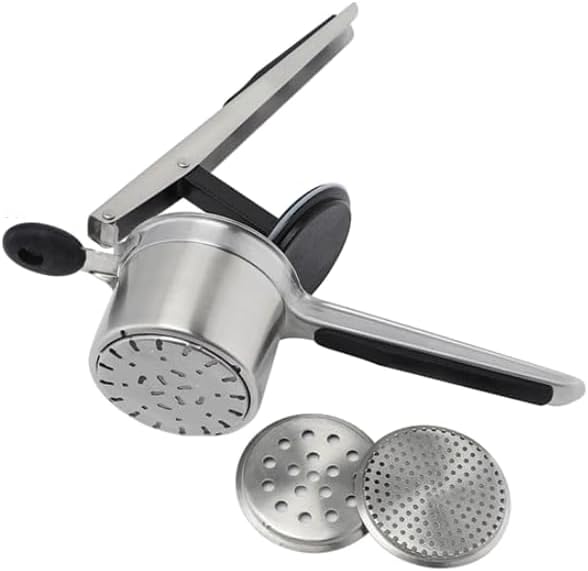 Potato Ricer Stainless Steel by DOERVISIT – Potato Ricer with catches that ensure the Fineness Discs will not dislodged when the handle is lifted up.