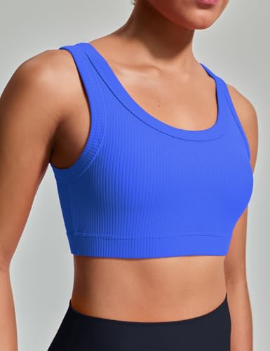 HeyNuts Ribbed Sports Bras for Women, U Back Wireless Medium Impact Workout Yoga Tops Padded with Built in Bras A-D Cups