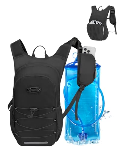 Hydration Backpack with 2L Water Bladder, Hiking Water Backpack for Men Women with Phone Pocket and Helmet Holder