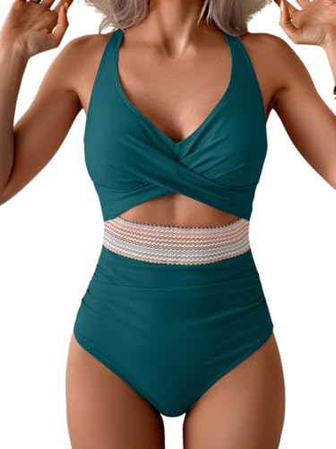 B2prity One Piece Swimsuit for Women Tummy Control V Neck Bathing Suit Color Block High Waisted Cutout Swimwear