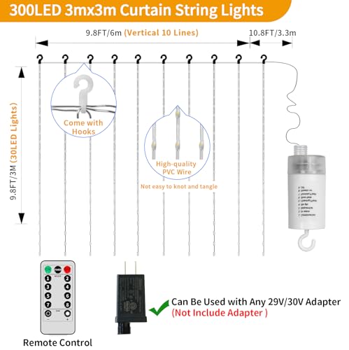 Curtain Lights Battery Operated 10 * 10Ft 300LED Waterfall Light with 8 Modes Remote Dimmable Timer Memory Waterproof Twin...