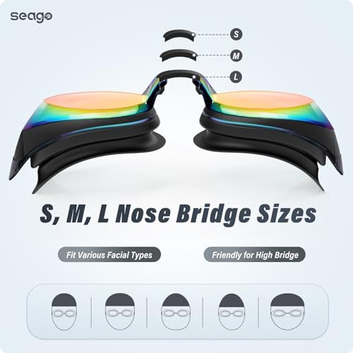 Seago 2 Pack Swimming Goggles Anti-fog Anti-UV Mirrored Swim Goggles Adult Women Men