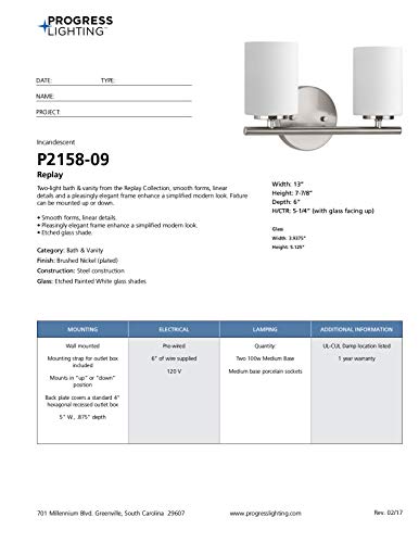 Progress Lighting 2-Light Modern Bath Vanity Light, Etched White Glass, Brushed Nickel, Model P2158-09