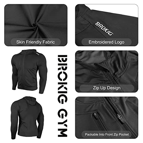 BROKIG Mens WindBreak Lightweight Running Jackets with Zip Pocket, Workout Track Hoodie Athletic Gym Sweatshirts Men