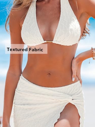 CUPSHE Women's Bikini Sets Three Piece Swimsuit V Neck Textured Halter Back Self Tie Twist Sarong Low Rise