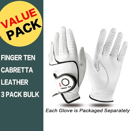 FINGER TEN Mens All Premium Soft Cabretta Leather Tour Fit Grip Left Hand Lh Right Hand Rh with Cadet Size Golf Gloves Val...